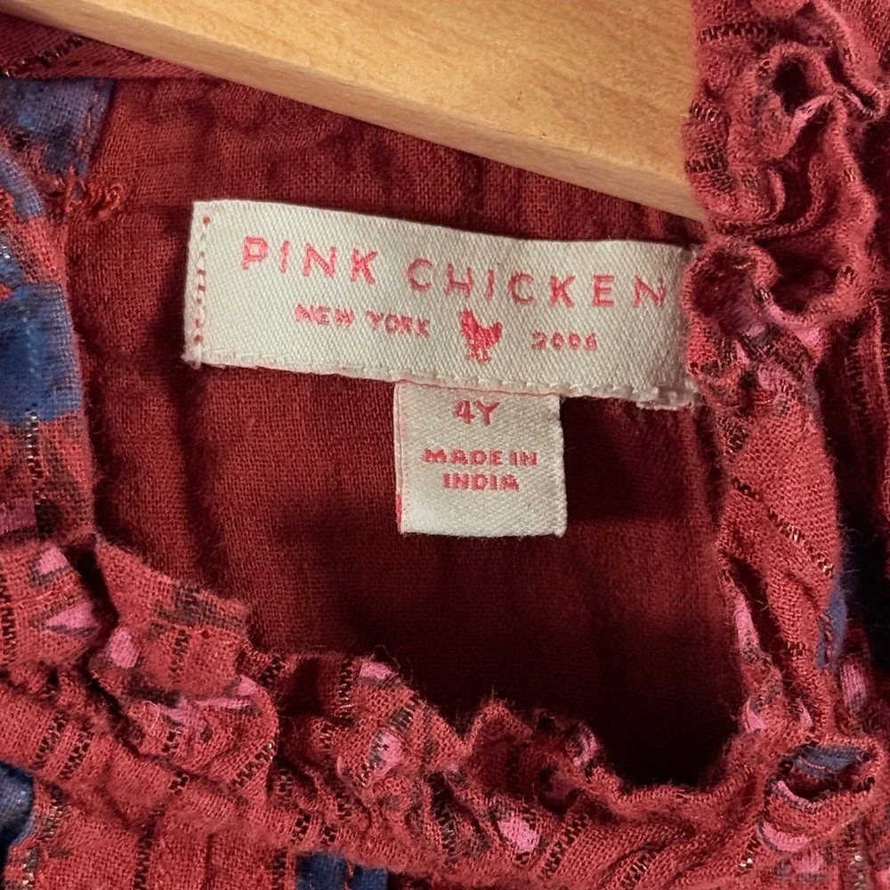 Pink Chicken Dress Kids 4 Red Blue Floral Smocked Lurex Boho Cottagecore Folk